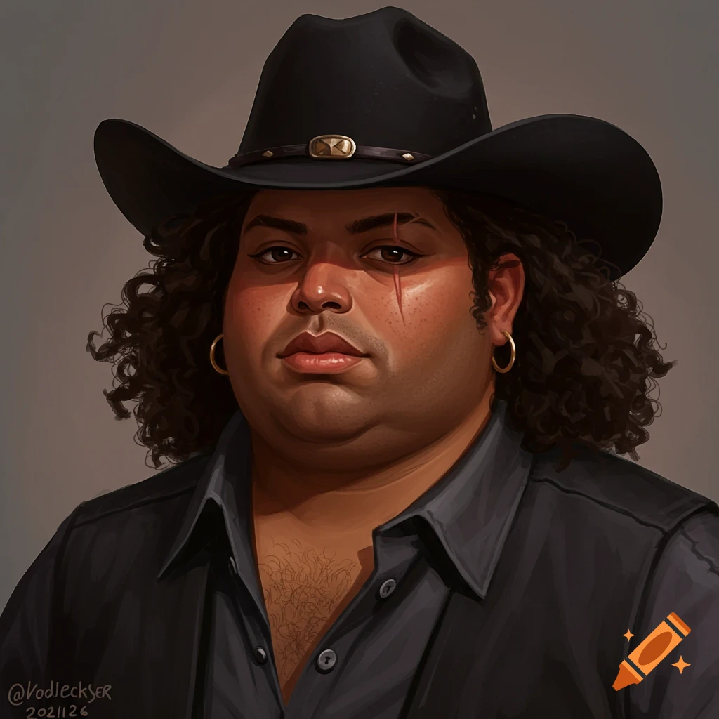 Drawing of a chubby brown skinned man with a black cowboy hat