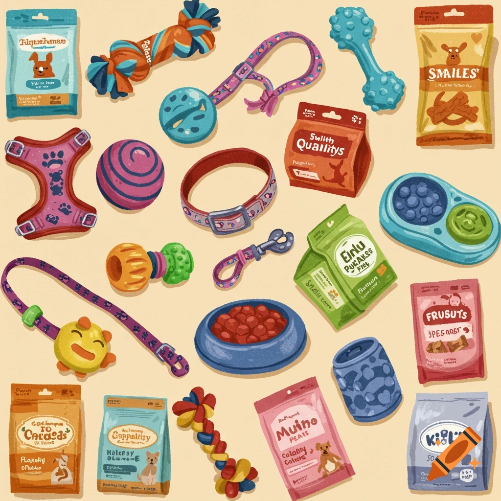 An overhead illustration of various pet supplies including toys, food bags, collars, leashes, and a food bowl.