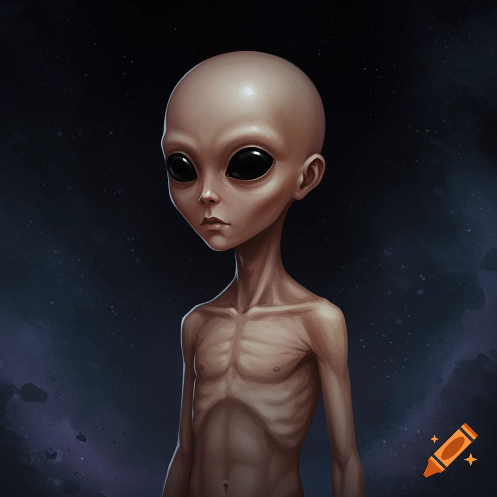 An illustration of a skinny alien boy with large black eyes standing in space.
