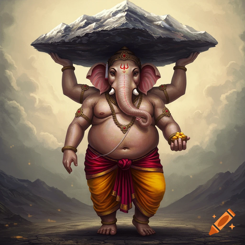 Illustration of Ganesha, the elephant-headed Hindu deity, holding a mountain over his head.