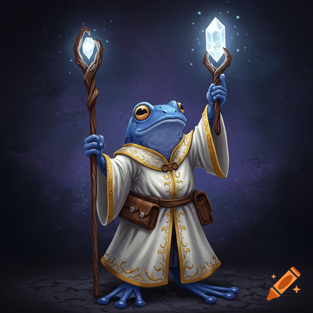 Blue frog wearing white wizard robe holding crystal staff