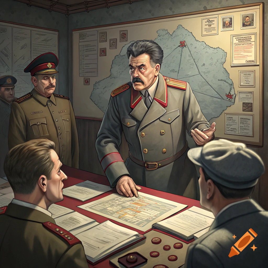 Men in military uniforms, one resembling Stalin, gather around a map table in a room, discussing strategy.