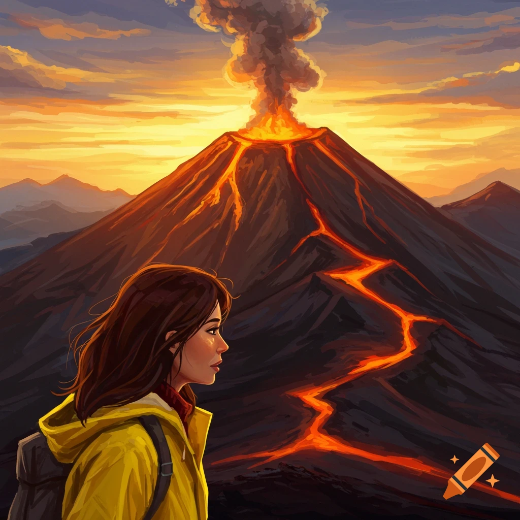 Illustration of a woman watching a volcano eruption with lava flow at sunset.