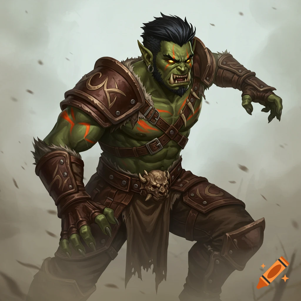 A muscled green half-orc warrior wearing brown leather armor, snarling with glowing red eyes.