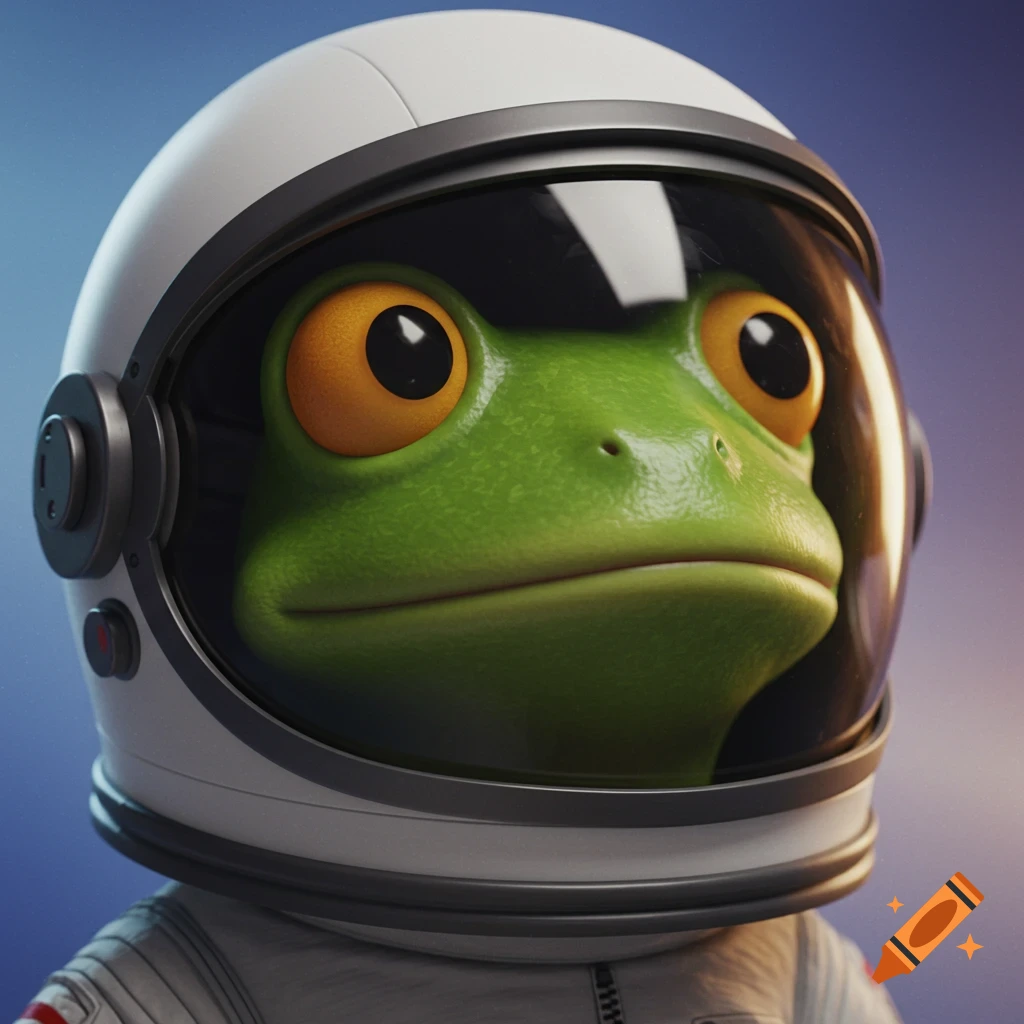 Cartoon frog wearing an astronaut helmet in Pixar style.