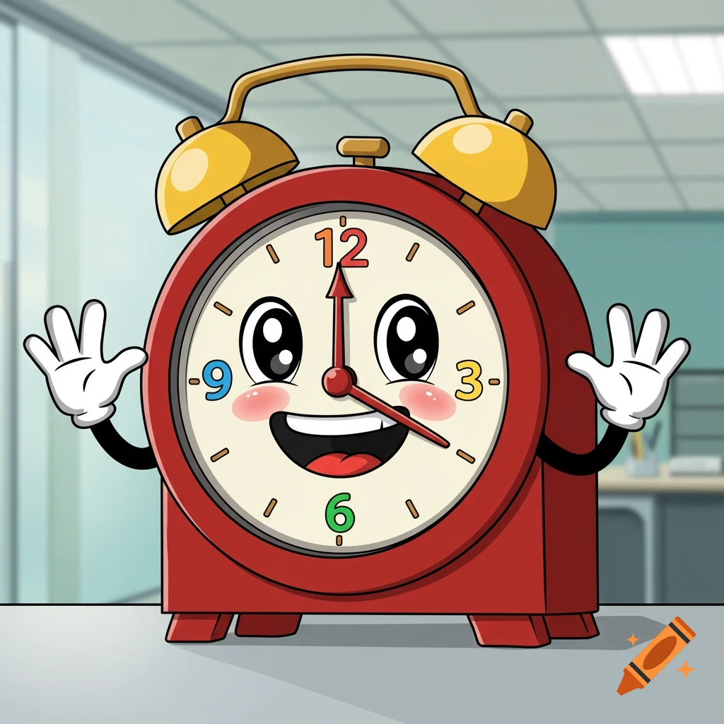 A red cartoon alarm clock character with a face and hands waves.