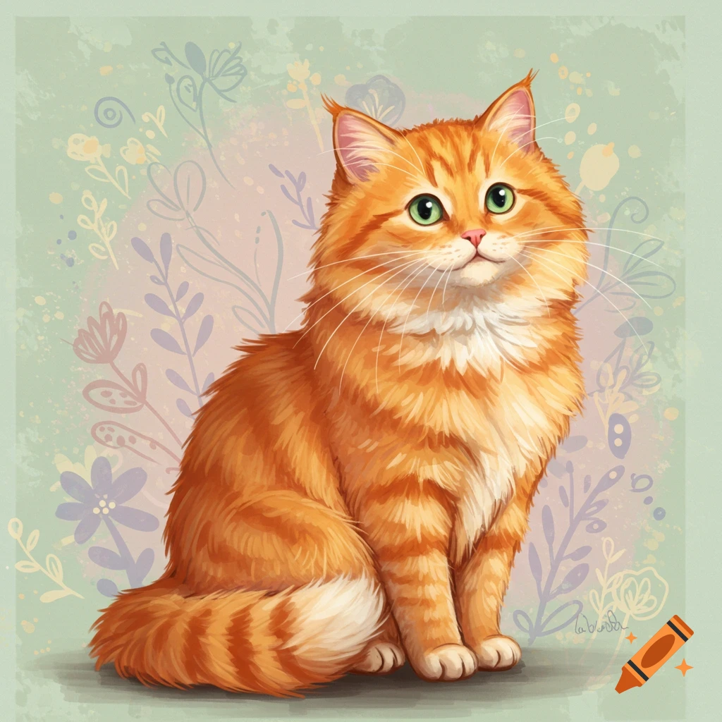 An orange tabby cat with green eyes sits in front of a floral background in a watercolor style.