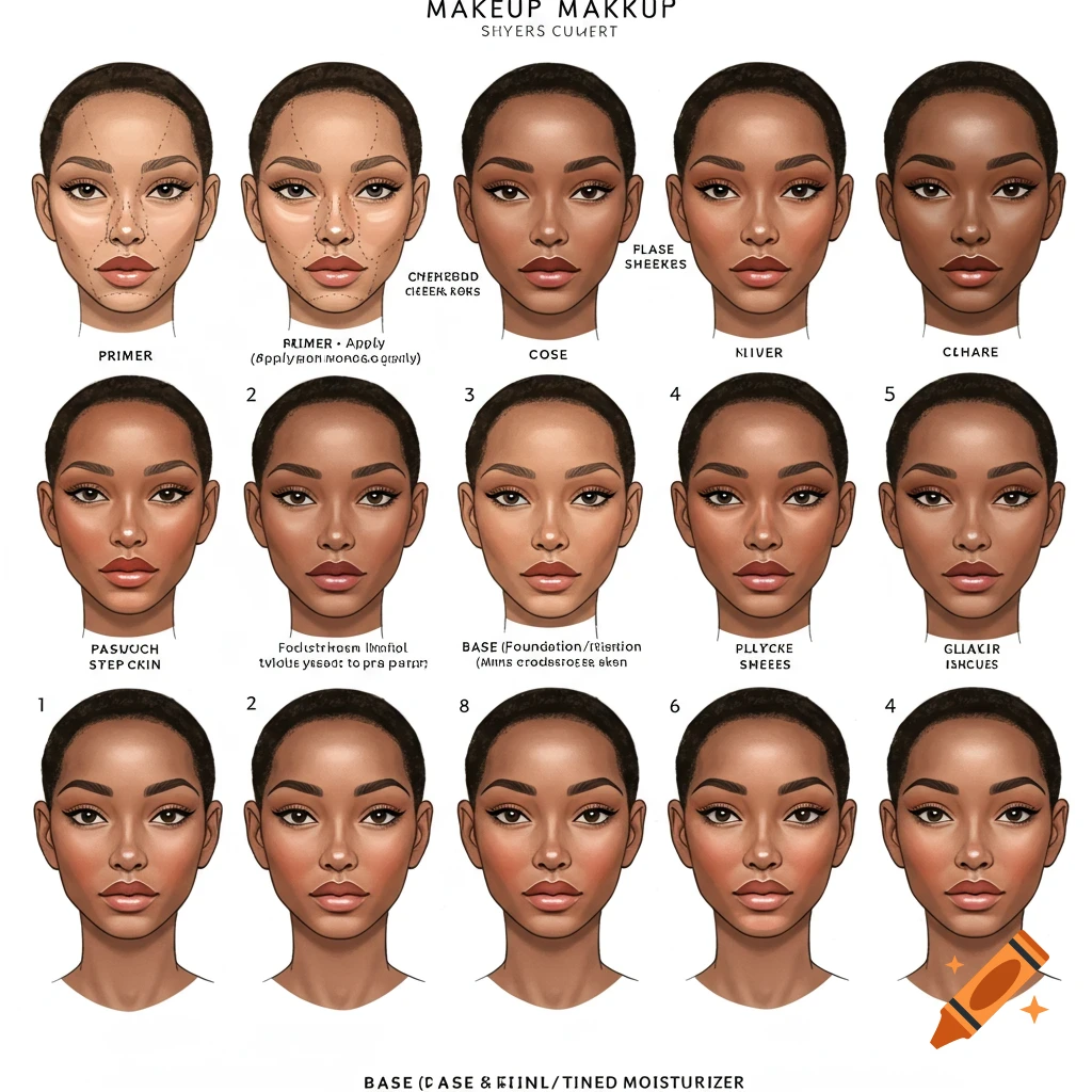 Detailed step-by-step makeup face chart in a clean, minimalistic style ...