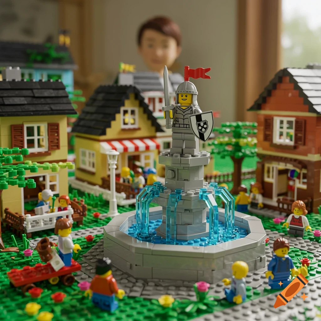A Lego knight statue stands on a fountain in a Lego town square, surrounded by figures and buildings.