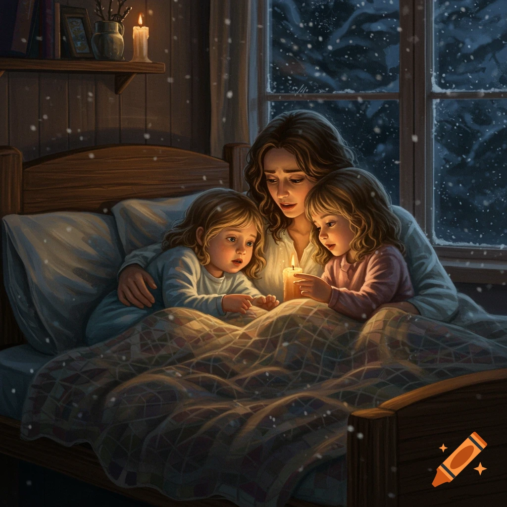 An illustration of a mother and two young daughters snuggled in bed by candlelight as snow falls outside a window.