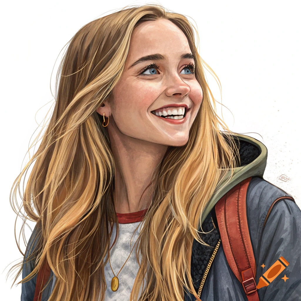 Illustration of a smiling young woman with blonde hair and blue eyes, wearing a backpack.
