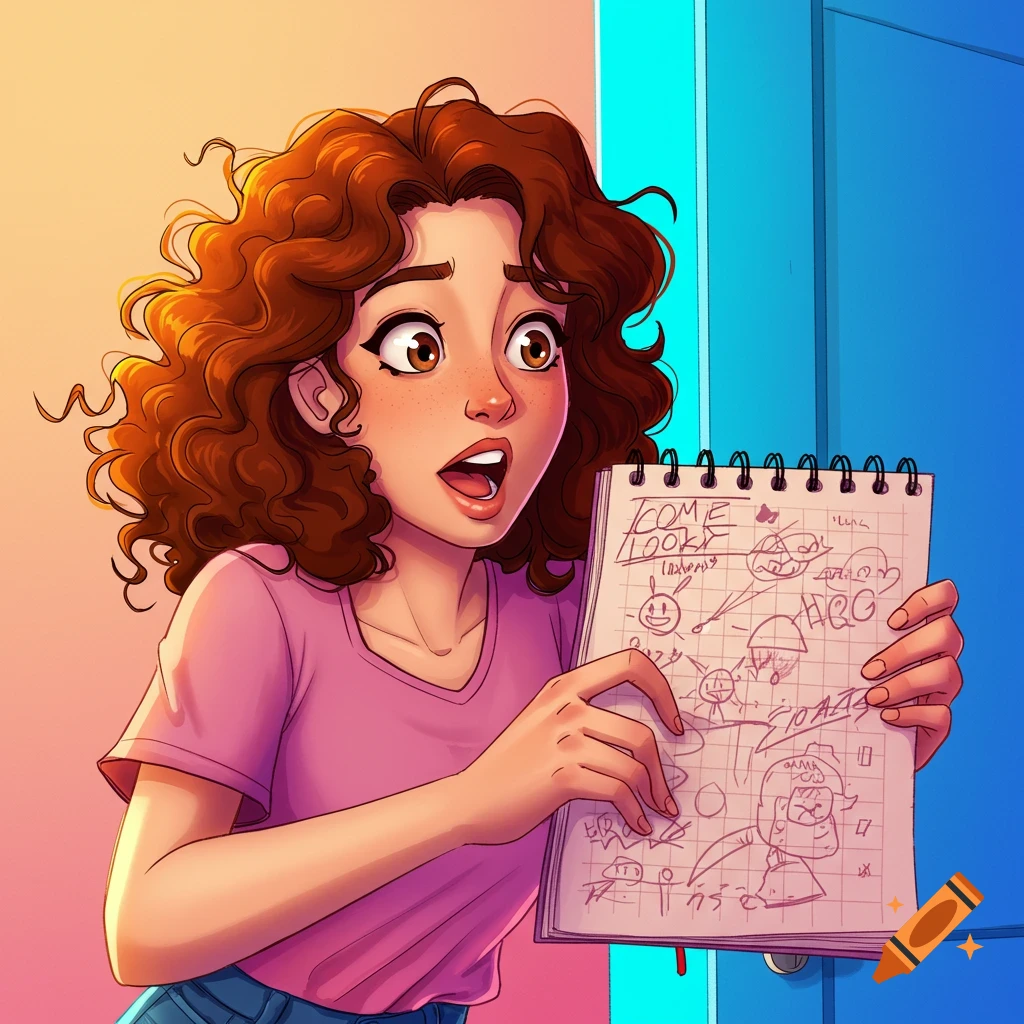 A cartoon illustration of a girl with curly hair holding up a notebook with doodles and the text "COME LOOK!".
