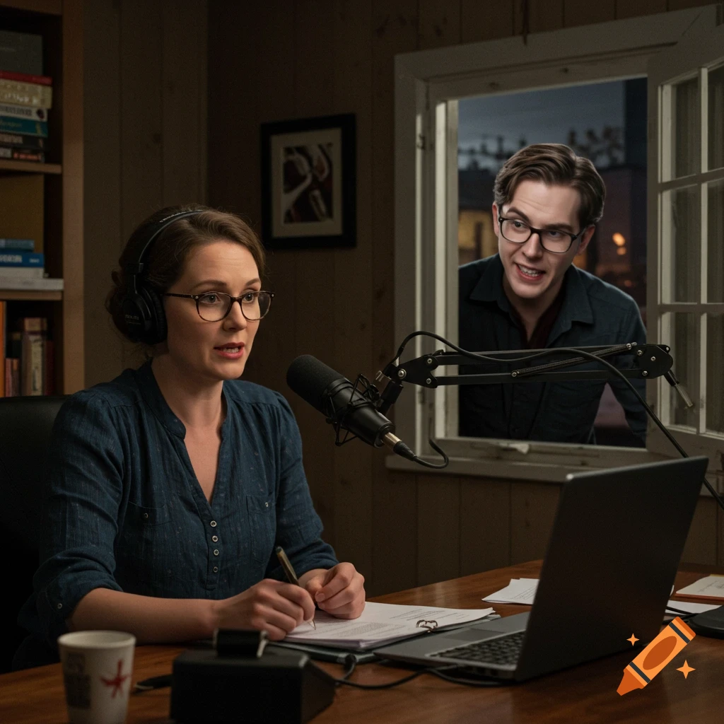 Woman records a podcast indoors while a man looks through a window outside.