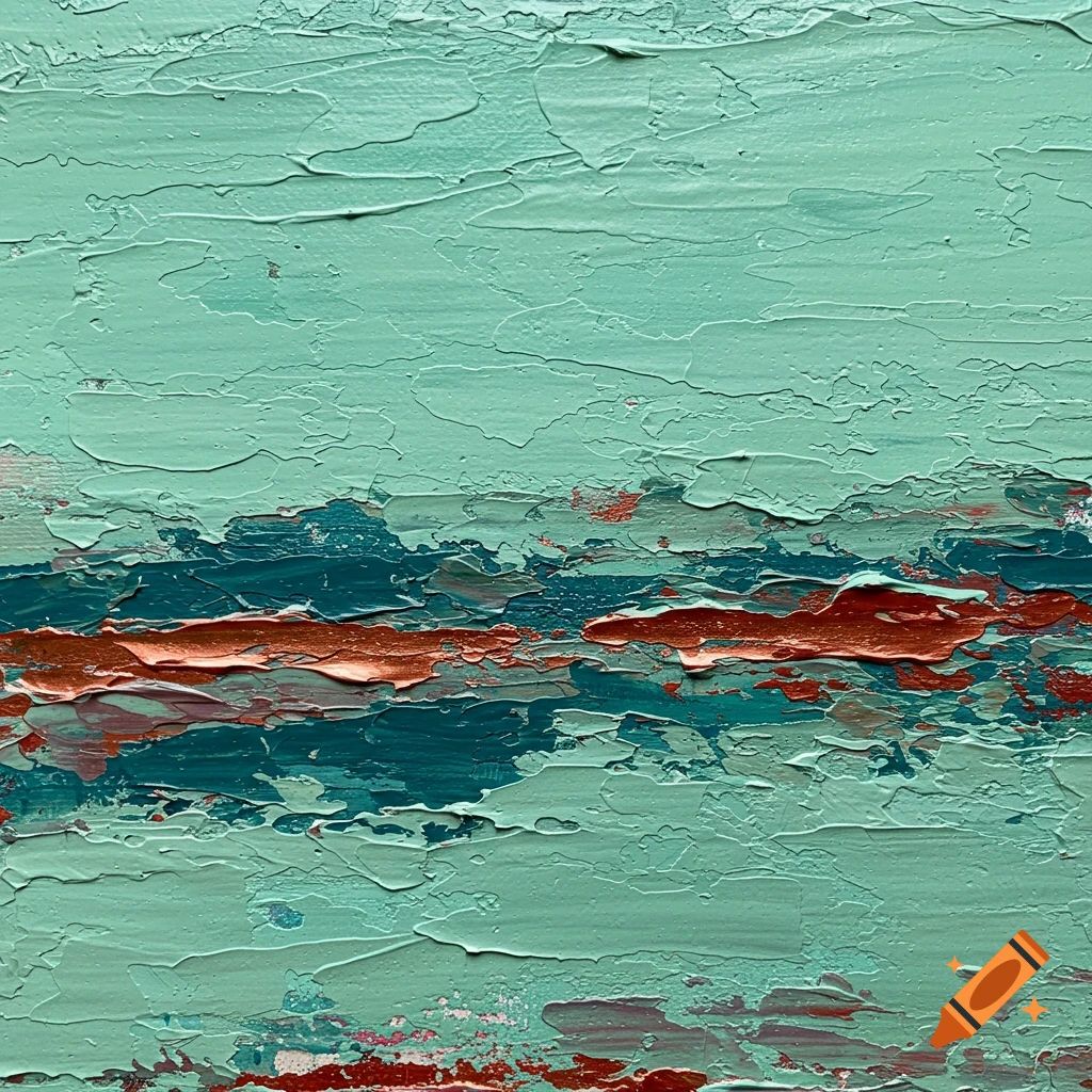 Textured abstract painting in mint green, teal, and copper.