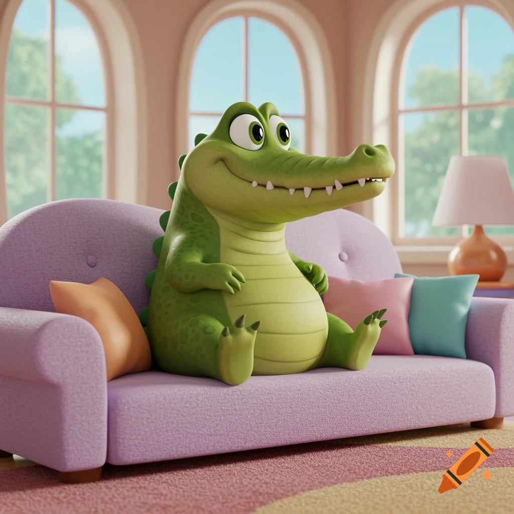 A cute cartoon crocodile sits on a purple couch in a bright room, in a Disney-like style.