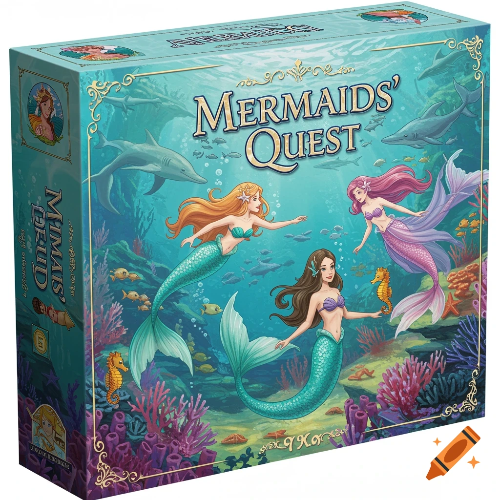 A board game box cover featuring three mermaids swimming underwater with sharks and seahorses.