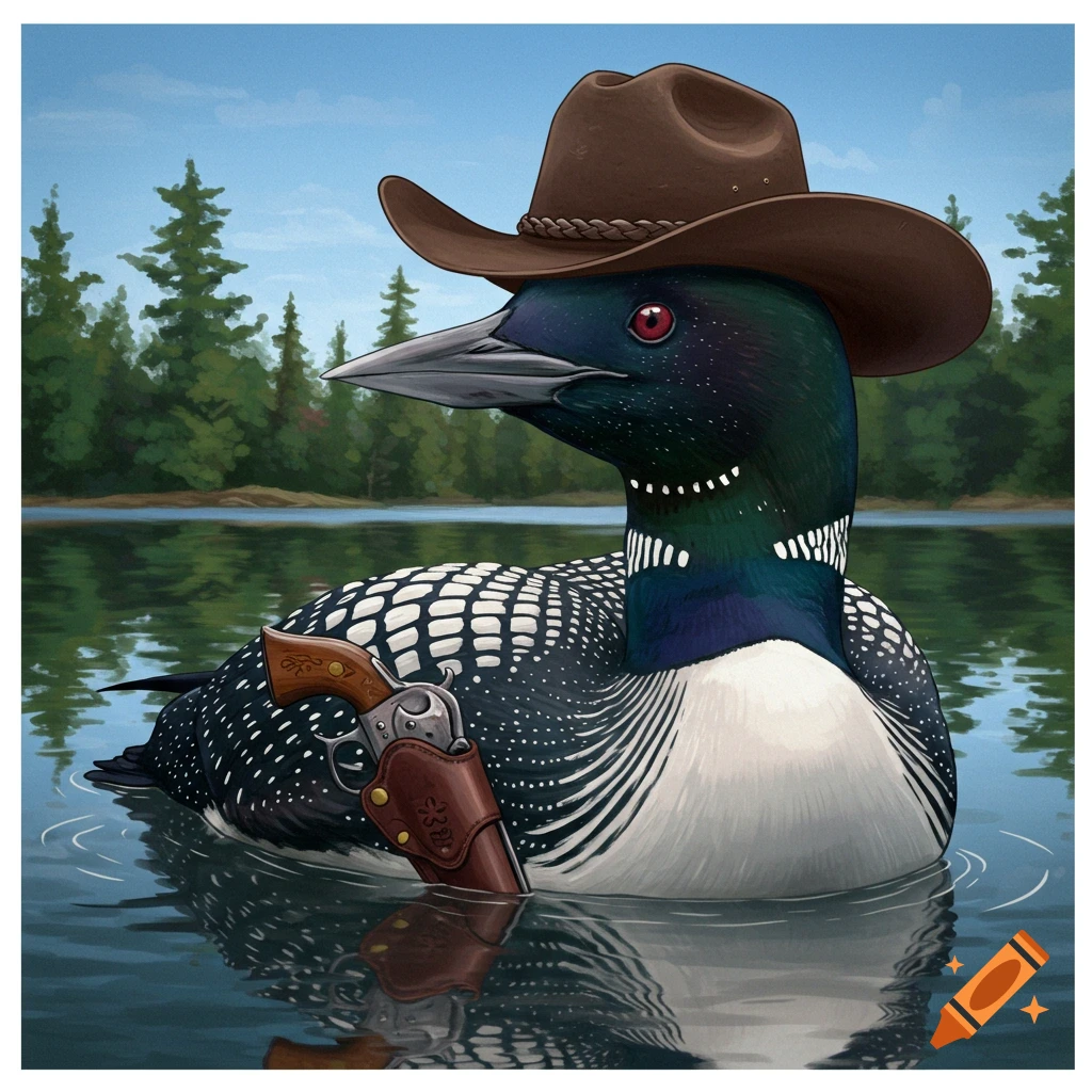 Loon wearing a cowboy hat with a six shooter