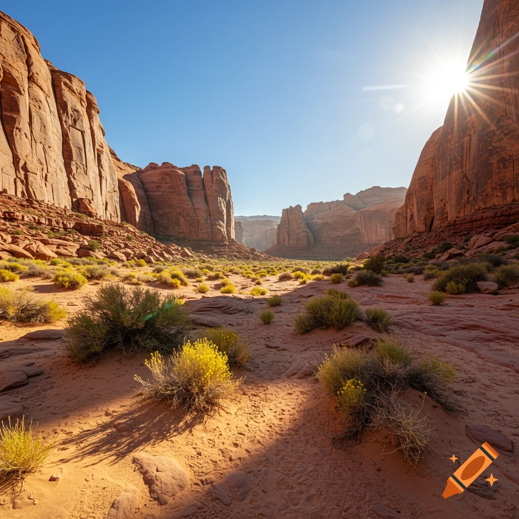 Sun shines over a wide desert canyon with red rock walls and sparse bushes.