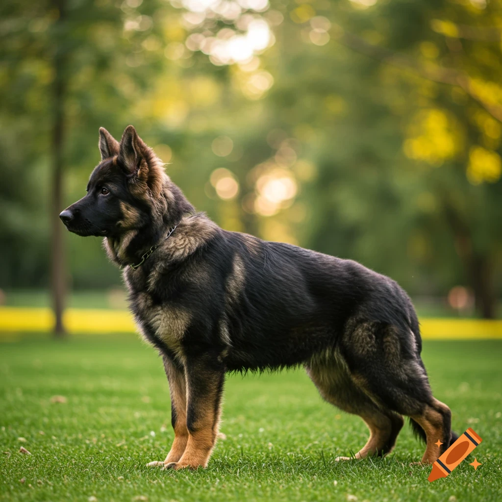 Photorealistic image of a large German Shepherd puppy standing sideways on grass in a park.