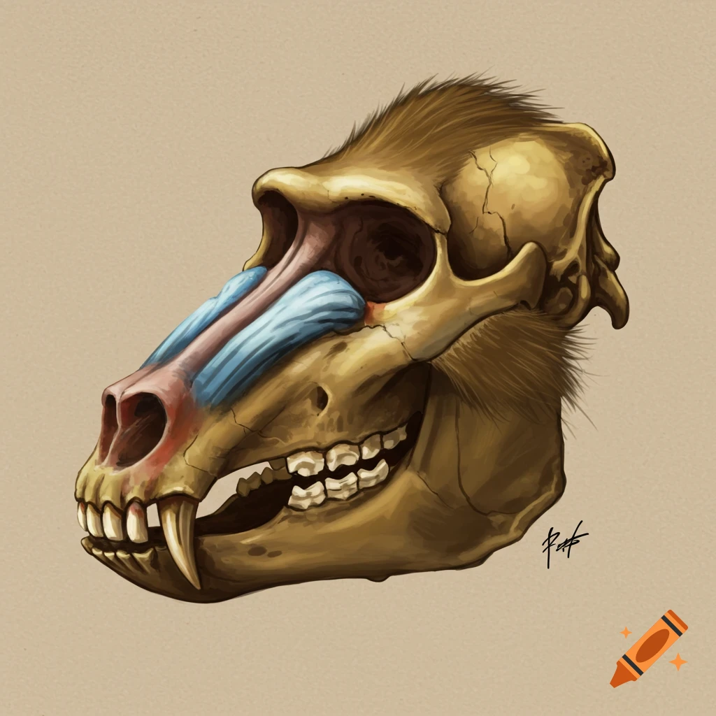 Detailed illustration of a hybrid baboon and horse skull