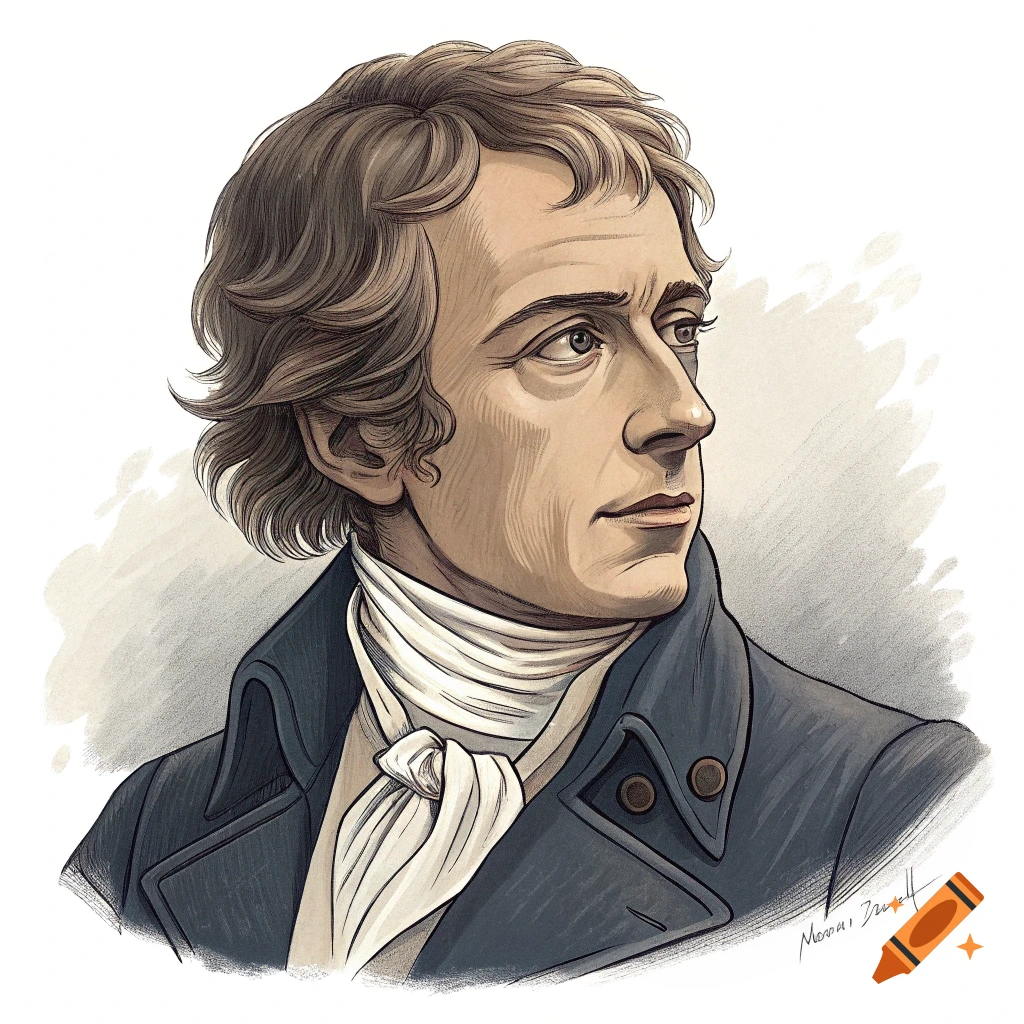 Illustration of Jacques-Louis David, a historical figure, in period clothing and cravat.