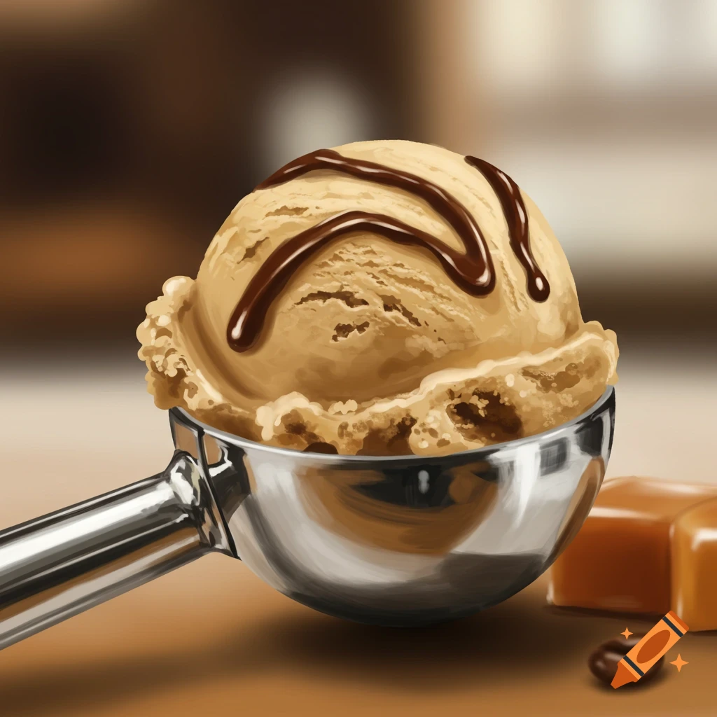 A scoop of ice cream with chocolate syrup in a metal scoop, next to caramel candies and a coffee bean.