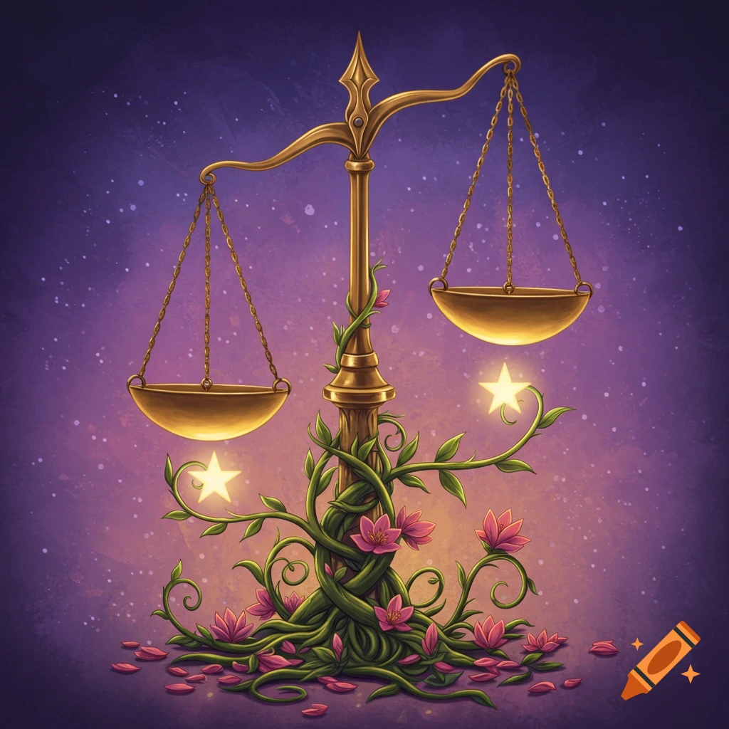 An illustration of a brass Libra scale wrapped in a blooming vine with two glowing stars against a starry purple and orange sky.