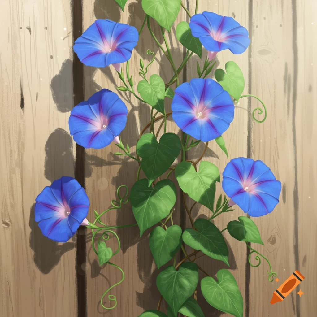 Illustrated morning glory flowers and vine climbing a wooden fence.