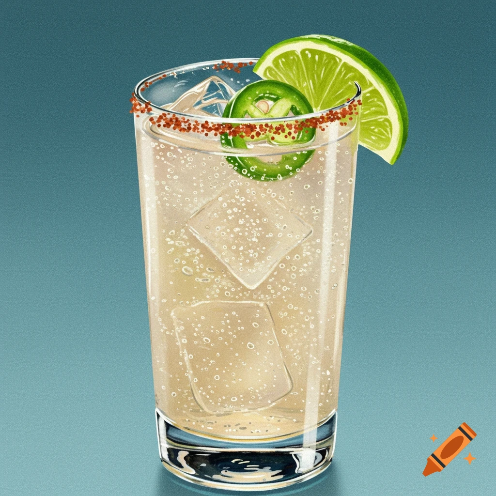 Illustration of a tequila cocktail with jalapeno and lime in a tall glass with chili flakes on the rim.