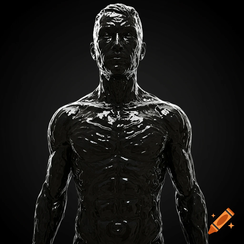 Close-up of a man's torso and head covered in glossy black oil against a dark background.