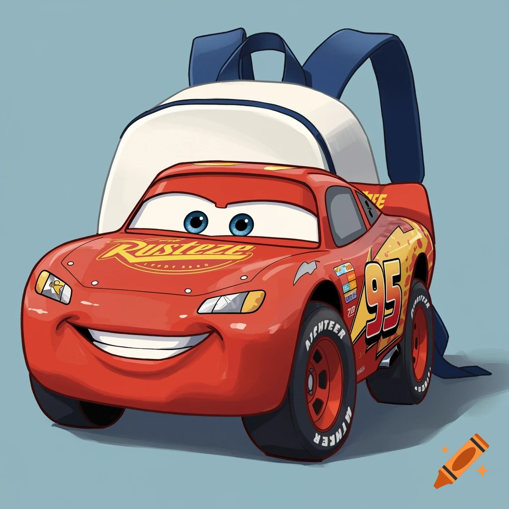 Cartoon illustration of Lightning McQueen next to a white backpack against a blue background.