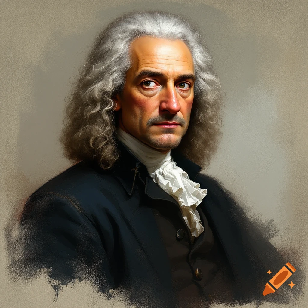 Painted portrait of a man with long gray hair and a ruffled collar, wearing 17th century clothing.