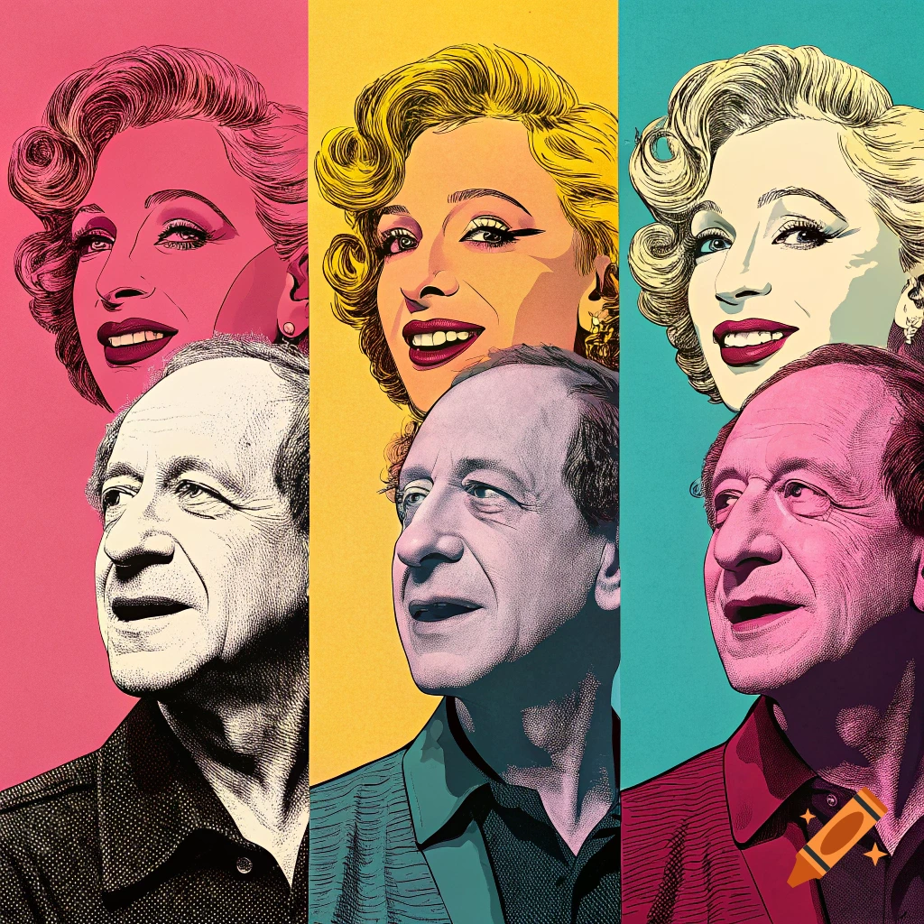 Pop Art style side-by-side portraits of a woman resembling Marilyn Monroe and a man resembling Steve Reich against colored backgrounds.