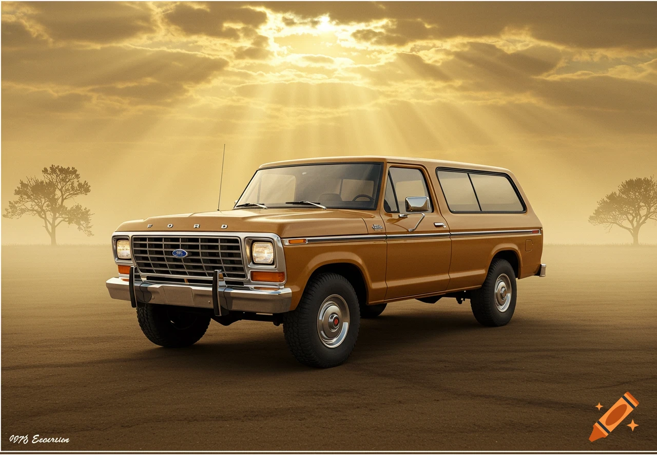 A brown vintage Ford vehicle is parked in a dusty landscape with sun rays breaking through clouds.