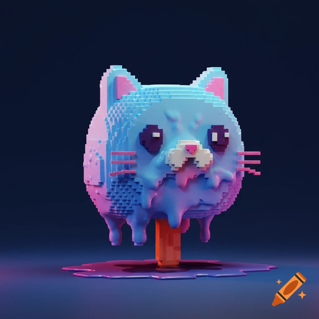 Pixelated blue cat head popsicle melting and dripping.