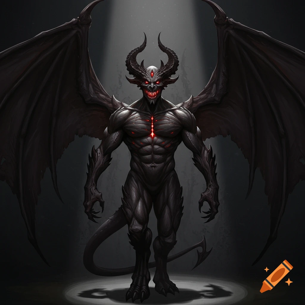 A dark fantasy demon with wings and horns in a spotlight.
