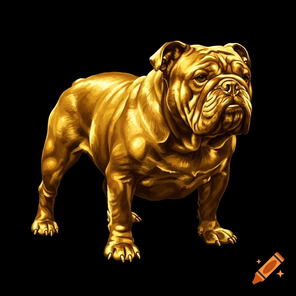 A shiny gold bulldog stands on a black background