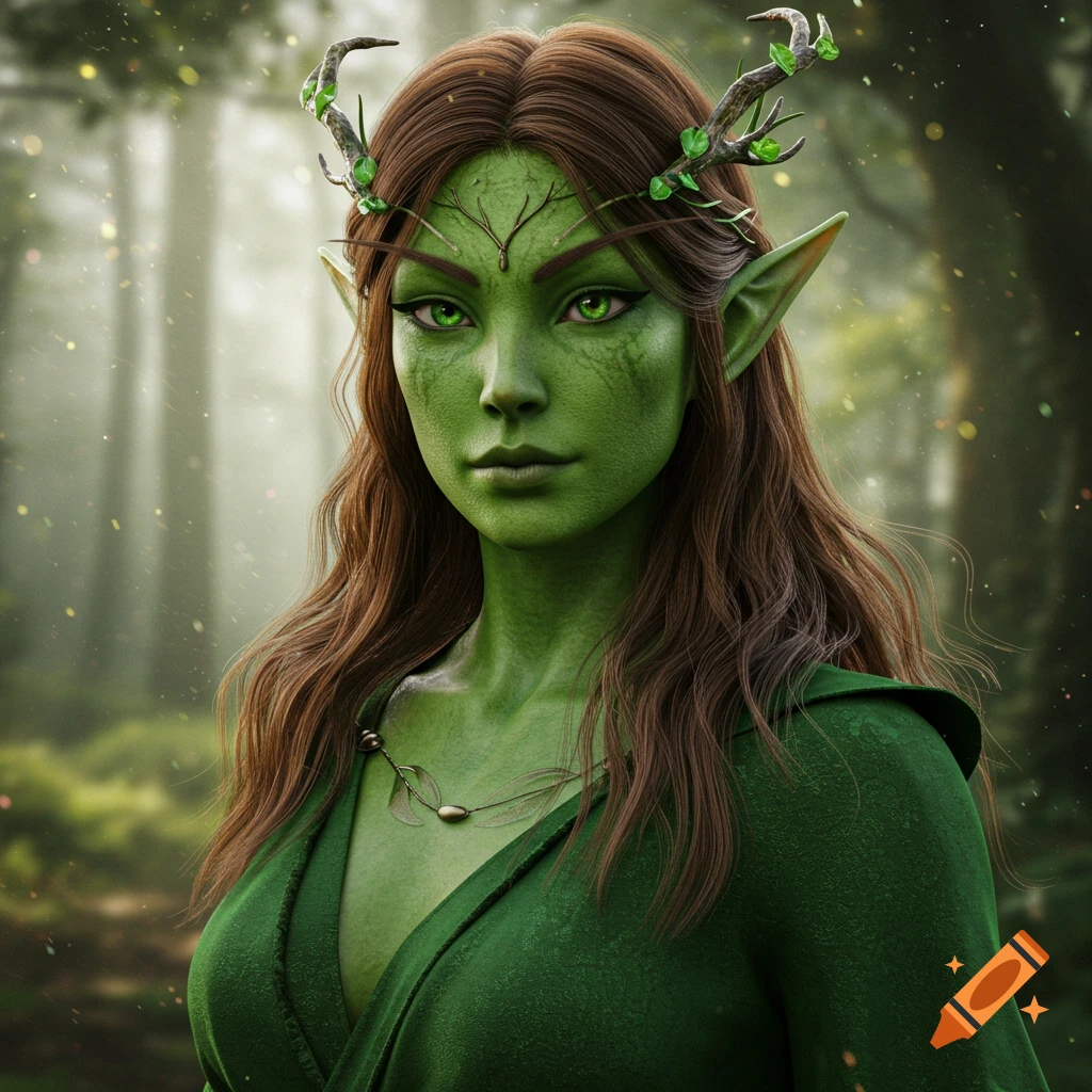 Hyperrealistic portrait of a green-skinned female elf with antlers in a forest.