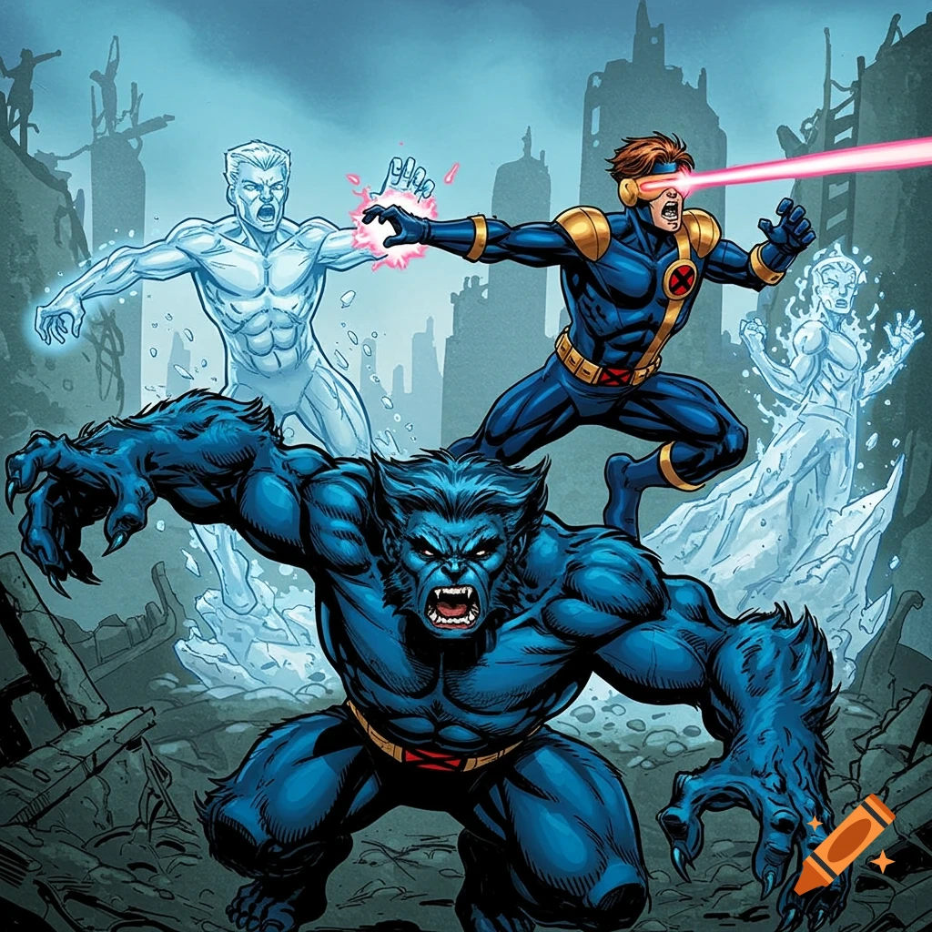 Comic book illustration of Marvel mutants Beast, Cyclops, and Iceman in action in a ruined city.