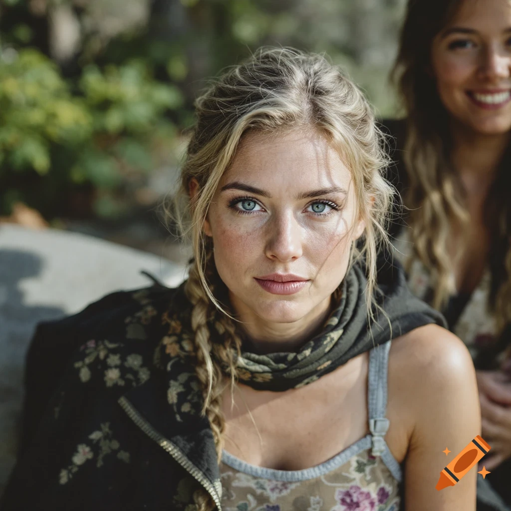 Close-up photorealistic portrait of a young blonde woman outdoors with another woman smiling in the background.