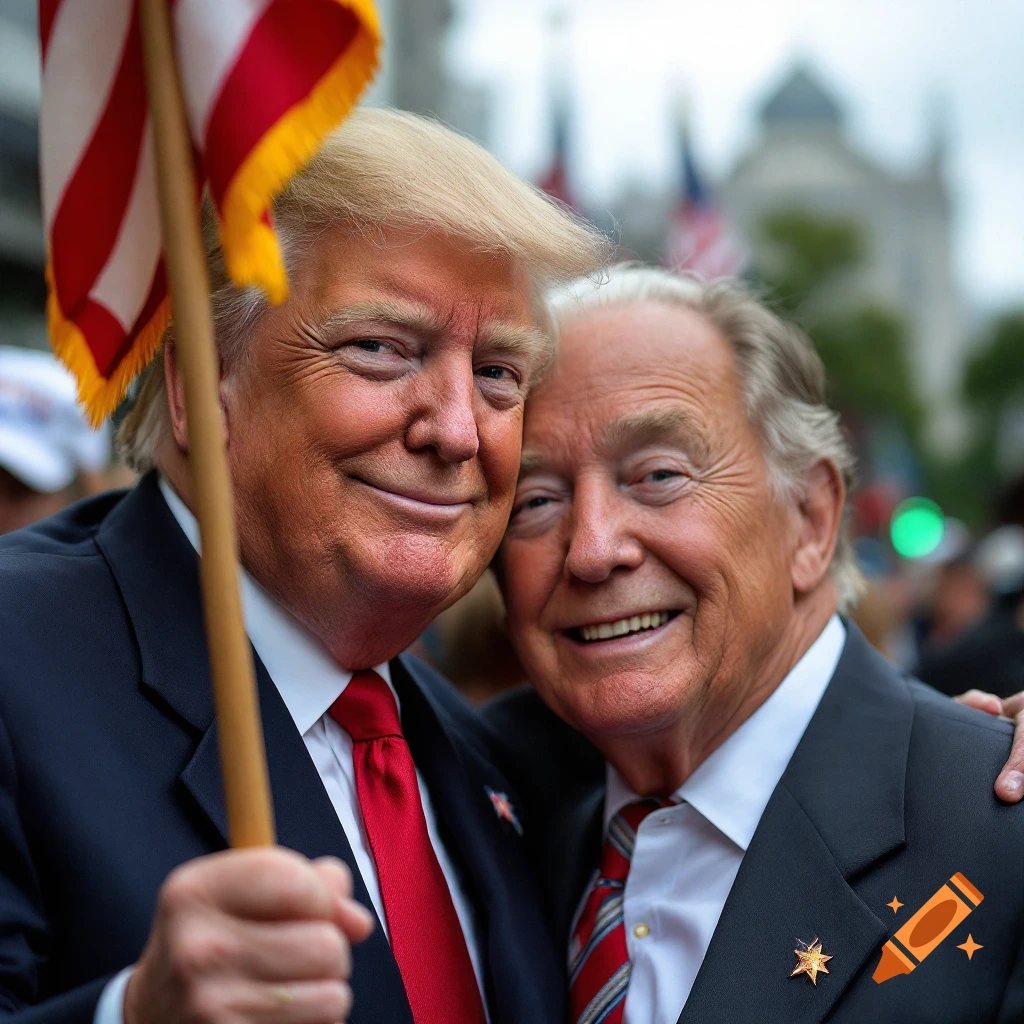 Two men, one resembling Donald Trump, smile while holding an American flag.