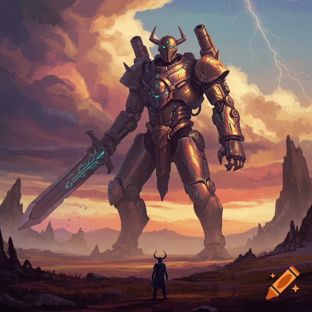 Giant mech holding a sword faces a small figure in a rocky landscape under a stormy sky with lightning.