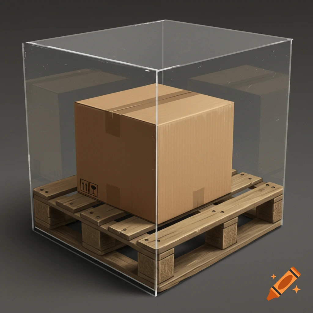 A cardboard box sits on a wooden pallet inside a clear acrylic container.