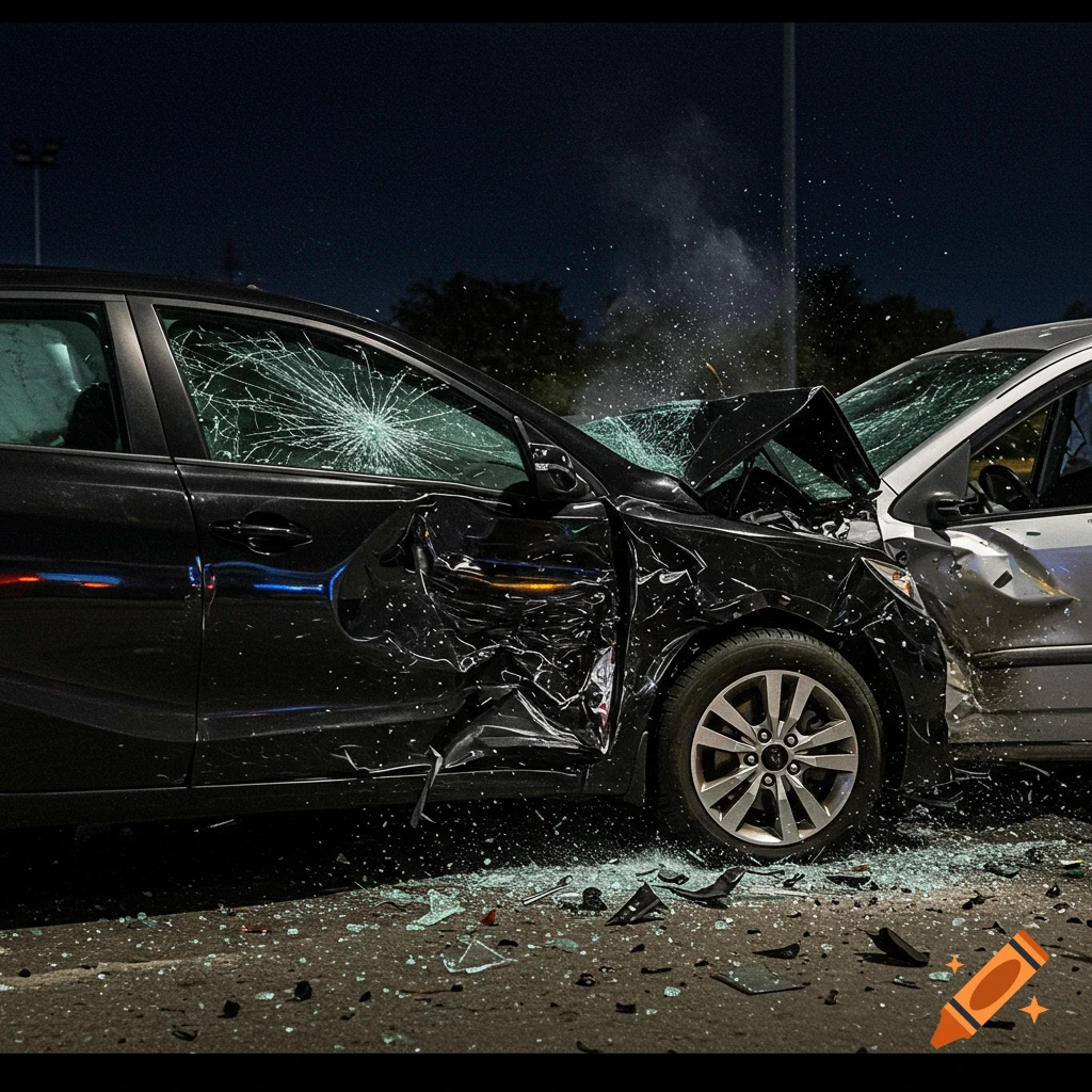 Car crash into passenger side of black Kia Forte at night