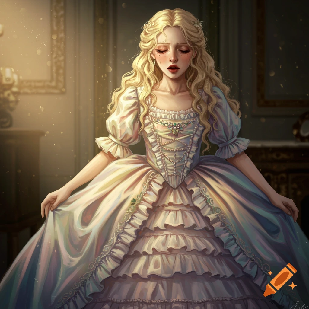 A woman in a large, light-colored historical dress looking down in a dim room with lights.
