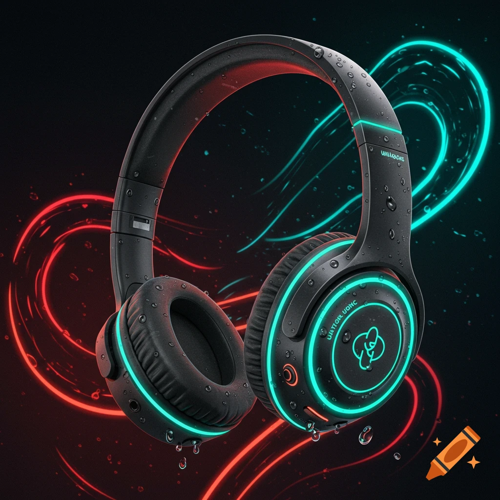 Black headphones covered in water droplets with blue and red neon lights against a dark background