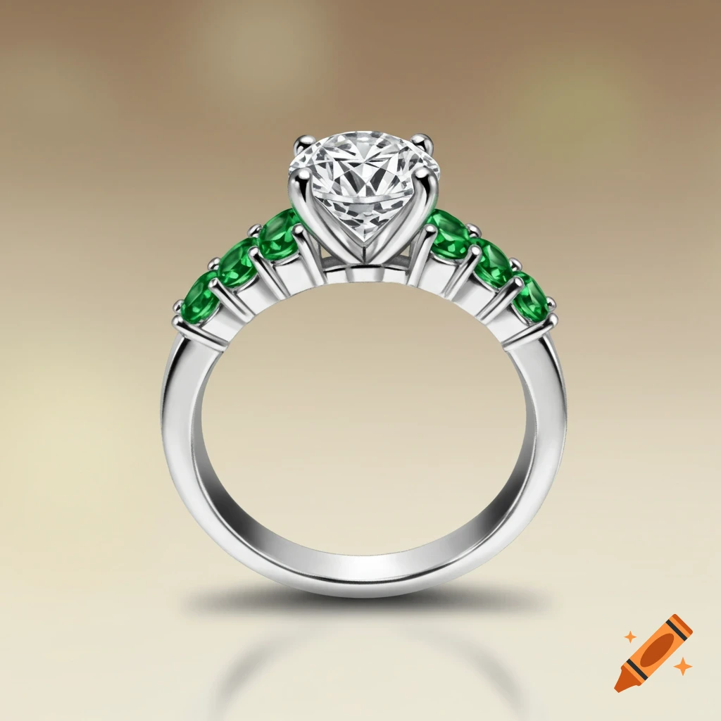 White gold engagement ring with diamond and green stones in low-profile setting