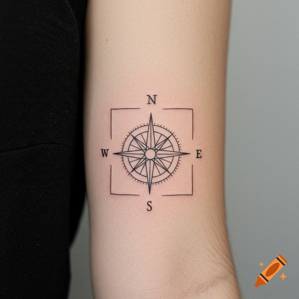 Fine line compass rose tattoo on an arm.