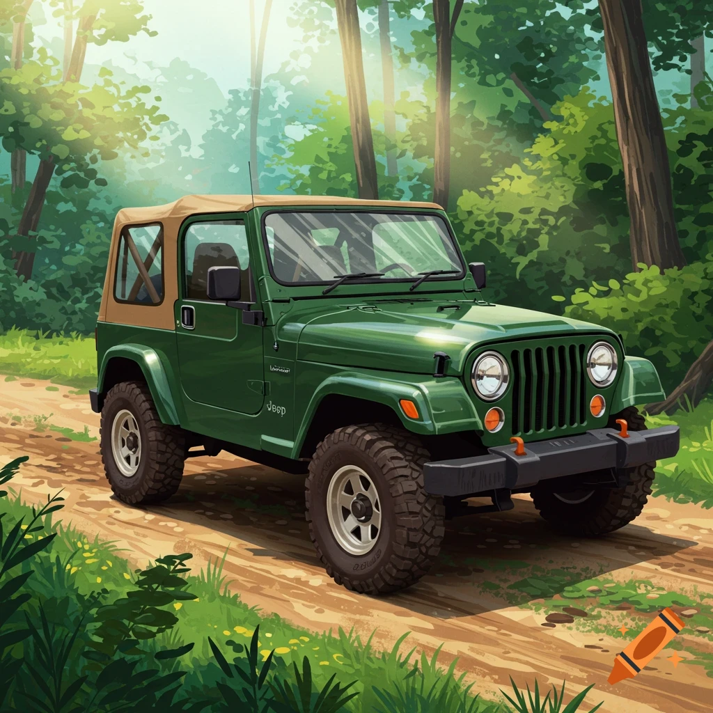 Illustration of a green two-door Jeep driving on a dirt road through a sunny forest.