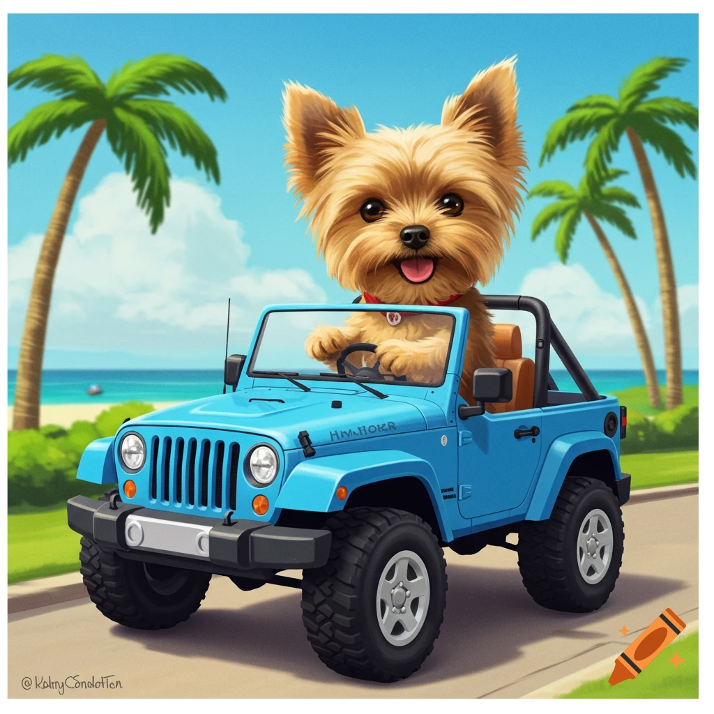 A cute yorkie dog drives a blue jeep along a road by a tropical beach with palm trees. Digital illustration style.